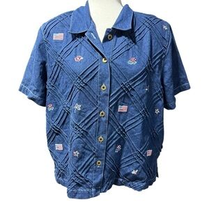 Vintage Koret City Blues Americana Button Down Pin Tuck Denim Shirt Size L Flag